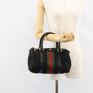 GUCCI GG Canvas Web Sherry Line Hand Bag Black Gold 012 3841 28 39 Auth am9487